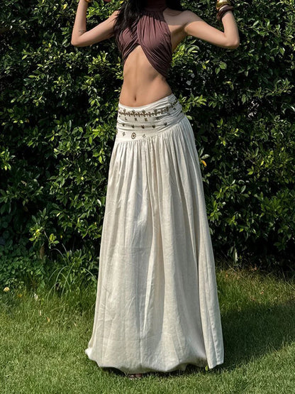 Vintage Beading Midi Skirt Women Vacation Beach Low Waist Skirts Summer Ladies Streetwear Korean Casual Design A Line Faldas New
