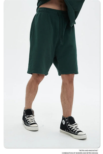 Fashion Summer Men 420gsm Washed Cotton Shorts Retro Unisex High Street Terry Knee Length Short Pants Streetwears HY0845