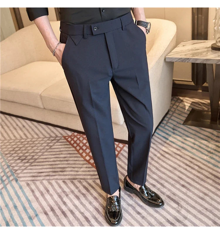 Men's High-Grade Trousers, Stretch Waist, Casual Trousers Slim Fit Navy Blue, Business All-Match，Male Pants