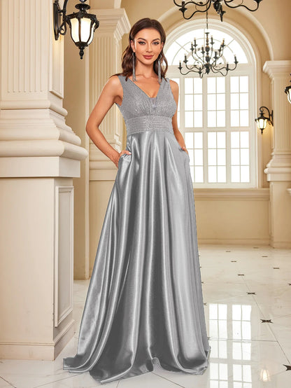Elegant Sequins Evening Dress For Women 2024 Deep V-neck Satin Prom Party Green Dress Floor Length Blue Formal Gowns