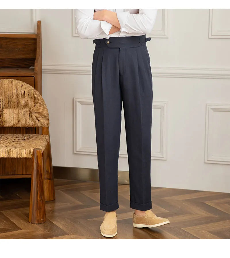 Three Gentleman Summer Naples Casual Straight Pants Men's Commuting Cotton and Linen Comfortable Breathable High Waist Pants
