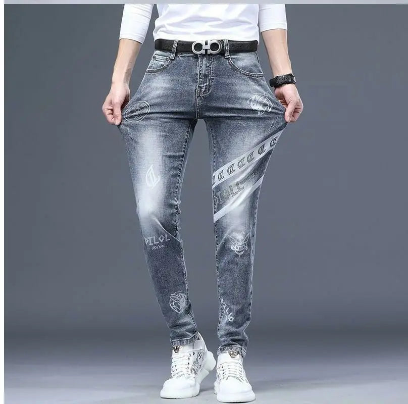 High End Stylish Classic Distinctive Printed Black Stretch Denim Jeans for Men High Quality Slim Fit Stretch Luxury Denim Pants