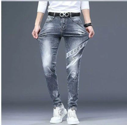 High End Stylish Classic Distinctive Printed Black Stretch Denim Jeans for Men High Quality Slim Fit Stretch Luxury Denim Pants
