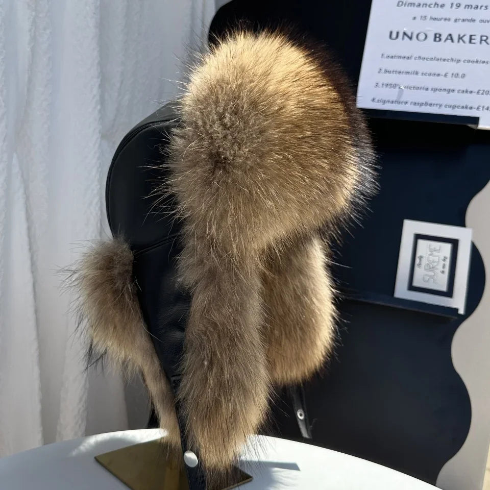 100% genuine fox fur ear-protecting hat Men real raccoon fur bomber hat Women winter warm fur real sheep leather snow hat