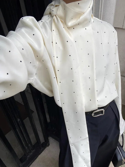 Satin Scarf Neck Polka Dot Printing Women Blouse Full Sleeve Loose Basic Shirt Lady Fashion Autumn New Highstreet Commute Wear
