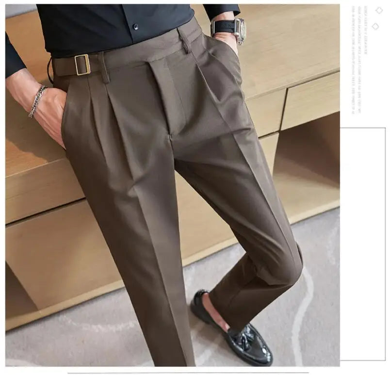 Pure Color Male Business Wedding Dress Pants Fashion Unique Design Men Waist Adjustable Suit Pant No Belt Slim Trousers Homme