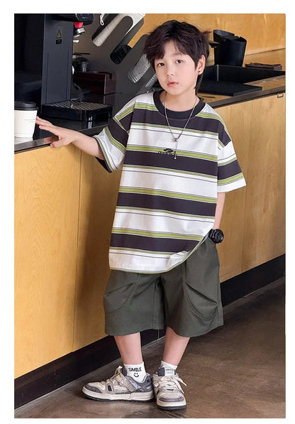 New Arrival Stylish Kids Summer Striped Suit for Teenage Boy Fashion Street Clothing Children Casual T-shirt Shorts 2PCS Set
