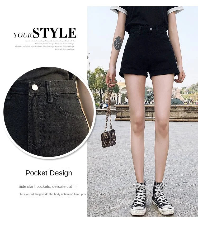 High-Waist Cuffed Denim Shorts Women Summer Korean Style Student Loose Slimming Outerwear A-Line Wide Leg Hot Pants Y2K Shorts