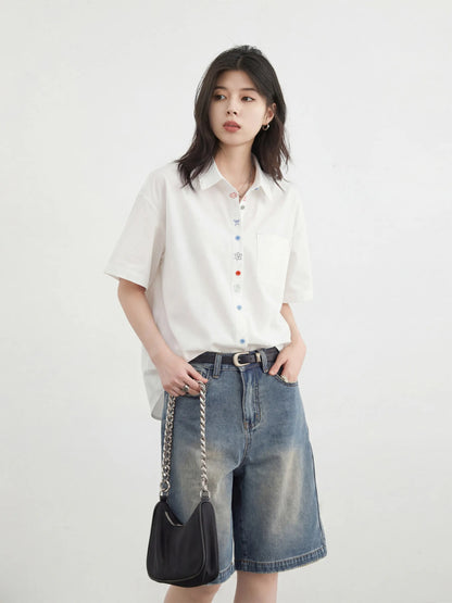 Fashion Women Shirt Short Sleeve Loose Casual Design Button Embroidered Placket Female Blouses Cotton Coat Summer 2026