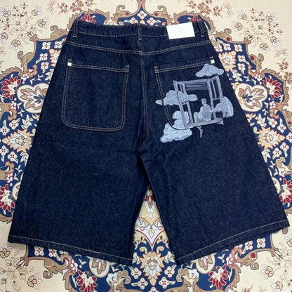 Vintage Window Embroidery Denim Shorts Men Women Y2K Streetwear Baggy Wide Leg Knee Length Dark Blue Casual Jean Shorts