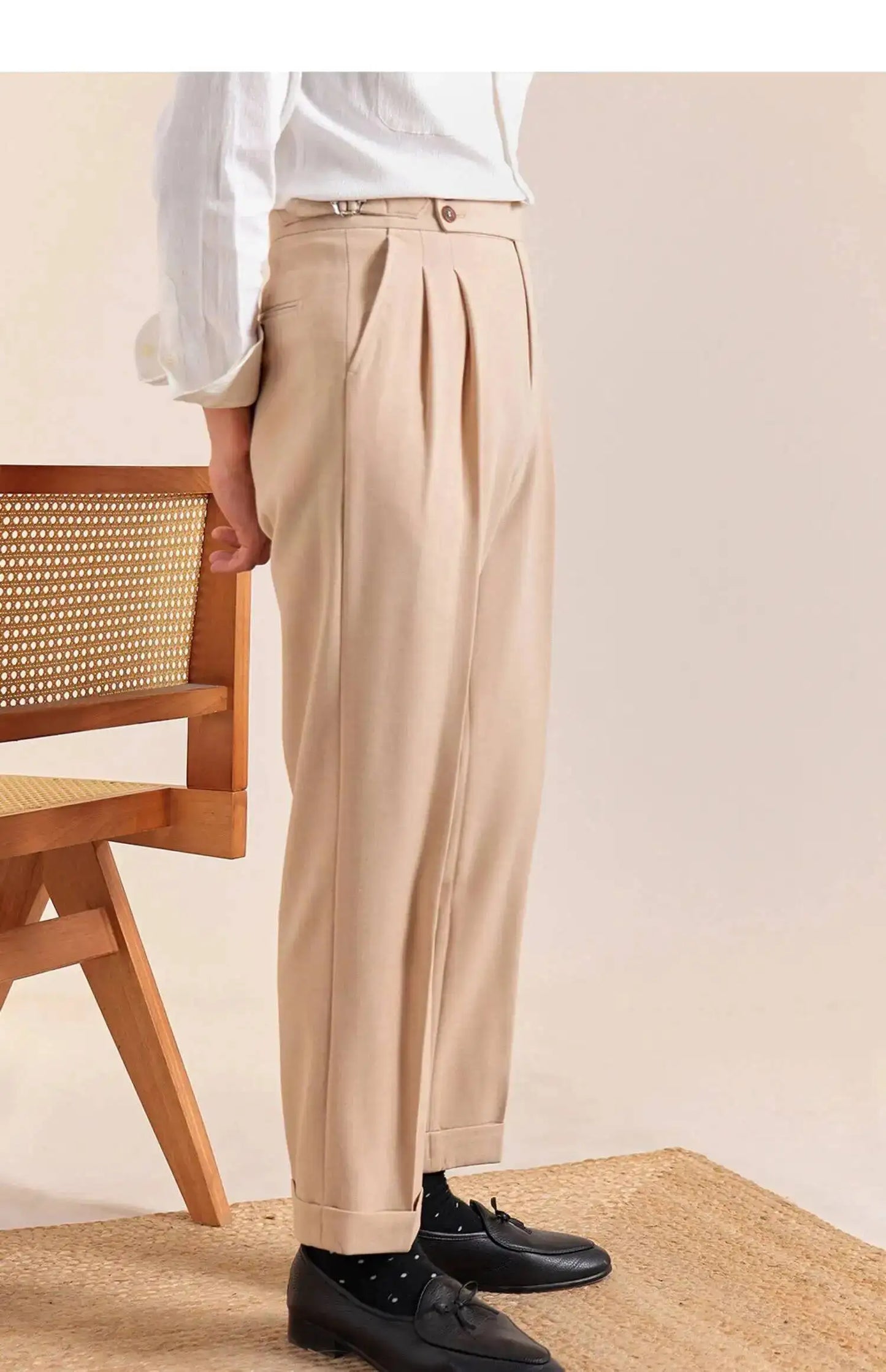 2025 New Italian Style Double Pleated Neapolitan Mens Formal Pants Casual Business Straight Leg High Waist Office Trousers Men