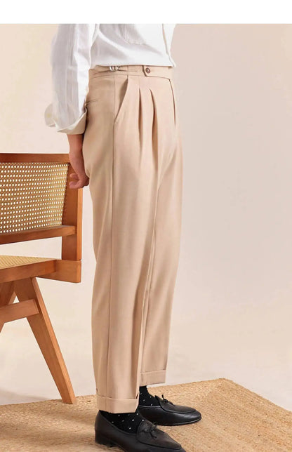 2025 New Italian Style Double Pleated Neapolitan Mens Formal Pants Casual Business Straight Leg High Waist Office Trousers Men