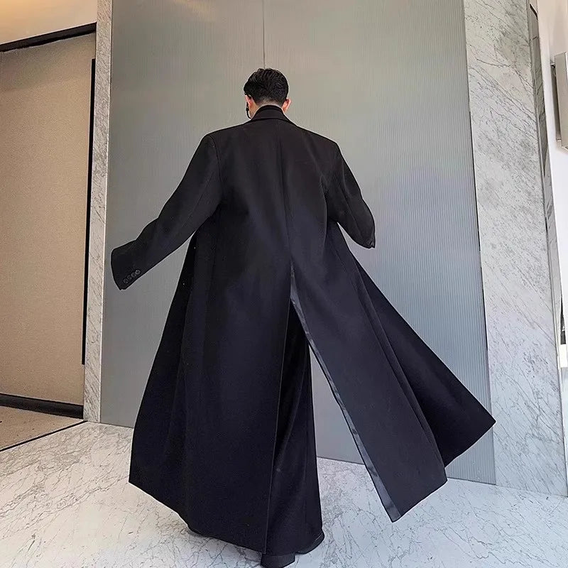 Spring Autumn Extra Logn Black Oversized Flowy Soft Trench Coat for Men with Back High Slit Loose Casual Overcoat