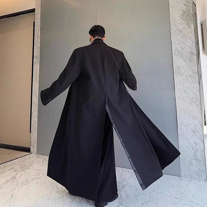 Spring Autumn Extra Logn Black Oversized Flowy Soft Trench Coat for Men with Back High Slit Loose Casual Overcoat