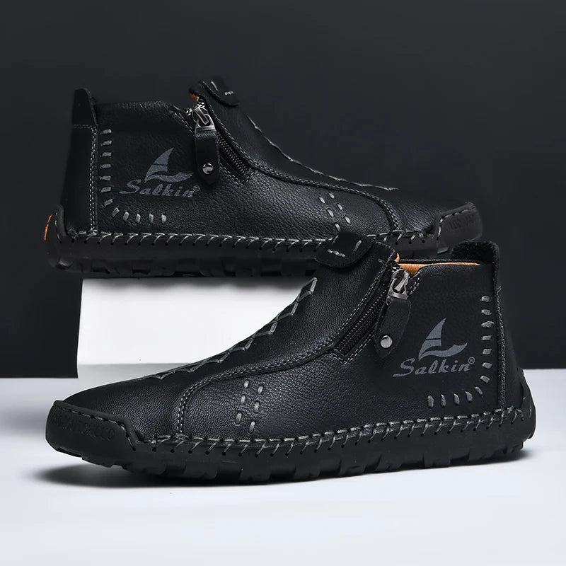 New Winter 2024 Handmade Leather Men Boots Zipper Design Sneakers Man Breathable Casual Leather Shoes Men Ankle Boots Outdoor