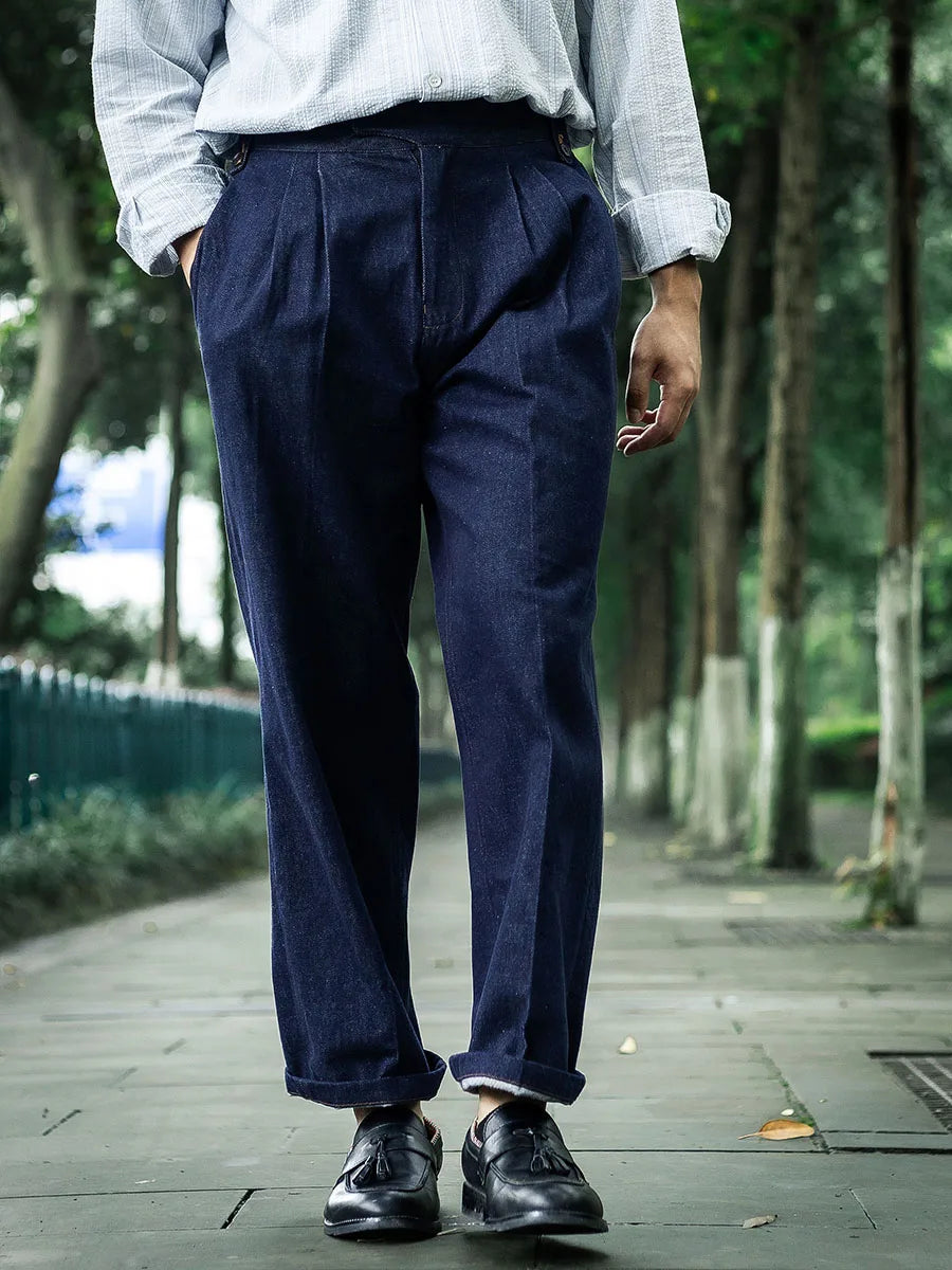 Autumn vintage workwear washed blue jeans loose straight leg pants wide leg pants organ button Gurkha pants