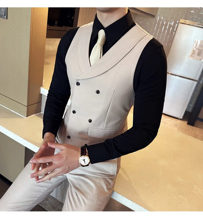 ( Vest + Pants) Men's Double-breasted Suit Vest 2 Pieces Set High Quality Business Casual Fashion Groom Wedding Dress Vest Sets