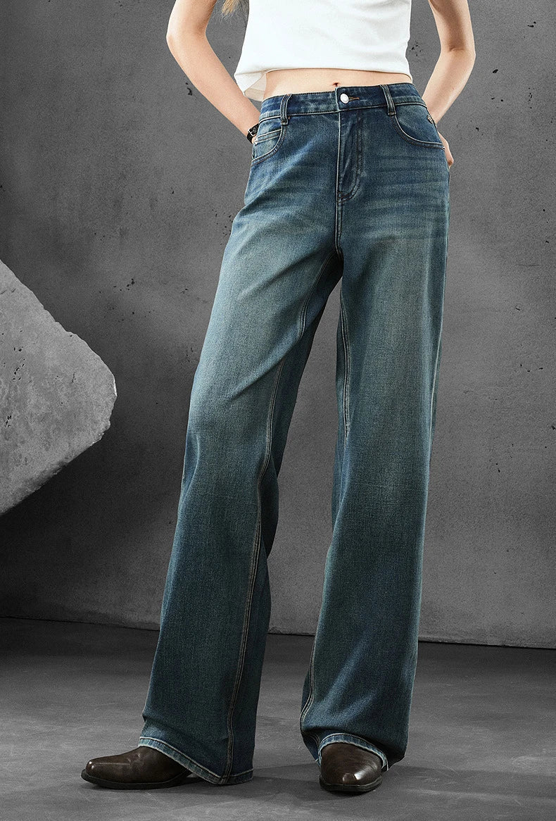 Women Denim Jeans 2025 Autumn New Lycra Stretch Straight Wide Leg Long pants