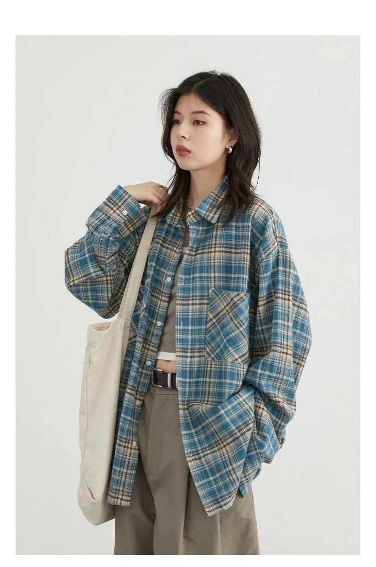 Women's Cotton Shirt Single Breasted Loose New Retro Color Blocked Grid Female Blouses Autumn Spring 2026