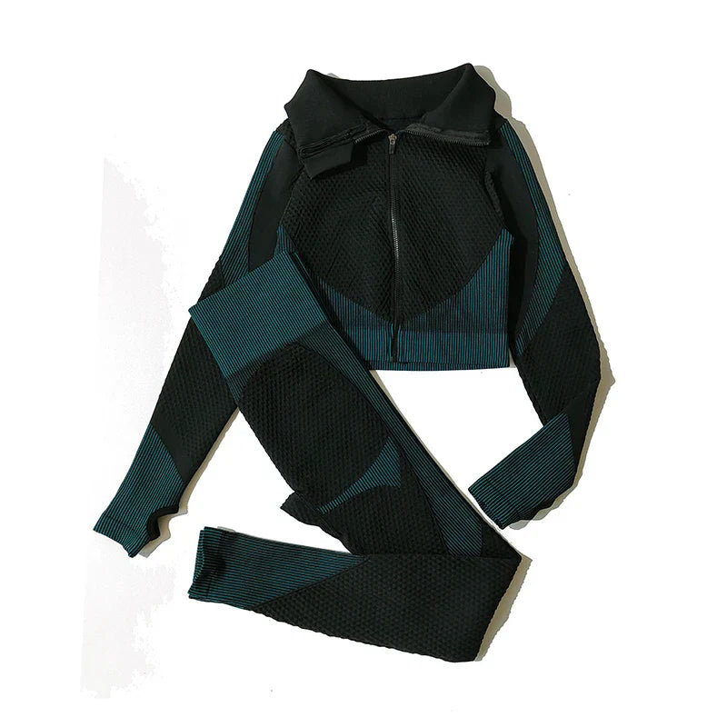 2/3Pcs Women Yoga Suit Seamless Knitted Yoga Pants Leggings Clothing Zipper Long Sleeve Crop Top Fitness Wear Sportswear Gym Set