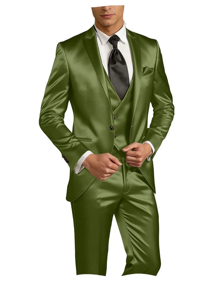 Luxury Men's Satin Suit 3 Piece Set Notch Lapel Slim Fit 1 Button Blazer Vest Pants for Formal Groom Groomsmen Prom Party