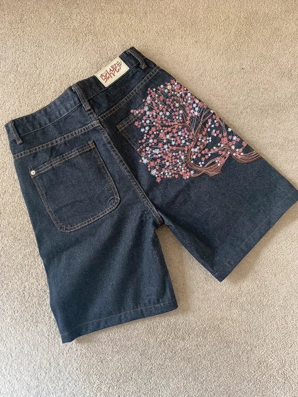 Men Dark Wash Denim Shorts Back Pocket Cherry Blossom Embroidered Loose Fit Knee Length Vintage Streetwear Casual Summer Wear