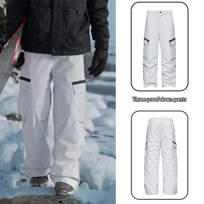 Autumn Winter Men's Three-proof Pants 90 Velvet Warm Fabrics Wear-resistant Large Pockets Elastic Waist Outdoor Sports Pants