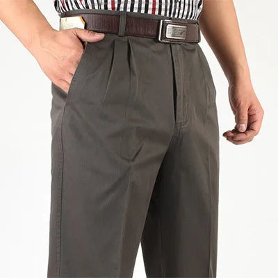 Double Pleated Casual Pants Men High Waist Straight Loose Classic Basic Trousers Male Autumn 100% Cotton Black Big Size 42 44 46