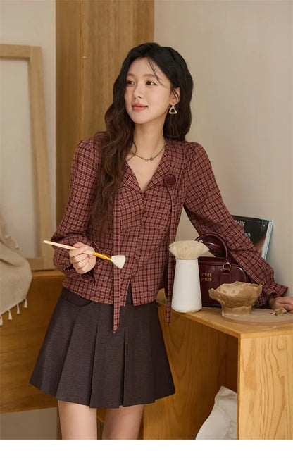 Women's Red Tied Plaid Shirt 2025 Autumn New Arrival Sweet 3D Floral Turn-Down Collar Long-Sleeve Blouse Women MXE45X2481