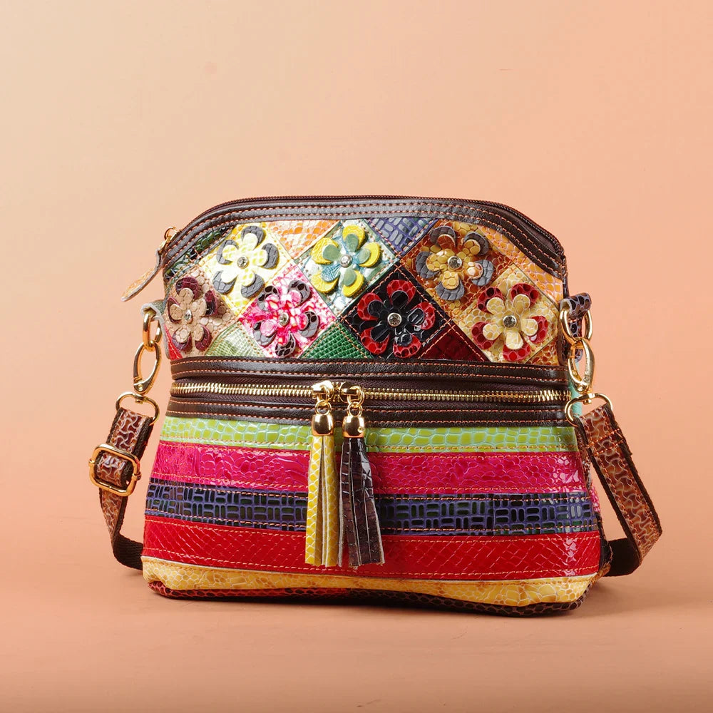 Multi-color snake pattern splicing tassel genuine leather cowhide bag shoulder women's bag personalized casual women's small bag