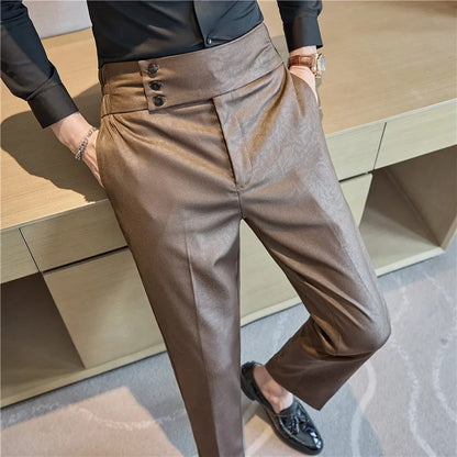 High-end Fashion Glossy Jacquard Design High Waisted Trousers Neapolitan Draped Casual Business Formal Office Social Suit Pants