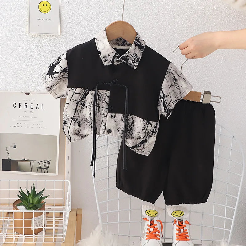 New Summer Suits for Baby Full Printed Kids Short Sleeve Lapel Button Down Shirts +shorts Toddler Boy Fashion Chinese Style Sets