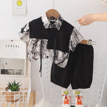 New Summer Suits for Baby Full Printed Kids Short Sleeve Lapel Button Down Shirts +shorts Toddler Boy Fashion Chinese Style Sets