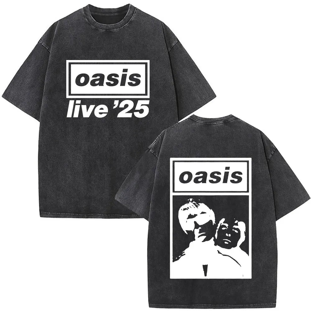 O-Oasis T-Shirts British Rock Band Vintage Washed T-shirt Men Women Clothing Cotton Casual Short Sleeve T Shirts Tops Streetwear