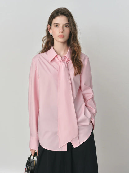 Pure Cotton Oversized Bow Detail Women's Autumn 2025 New Arrival Laid-Back Long Sleeve Blouse with Sash 25FS13213
