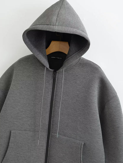 2026 Casual Women's Soild Zipper Hoodie Long Sleeve Big Pocket Zipper Jacket With Hood Female Loose Outerwear Coat Tops