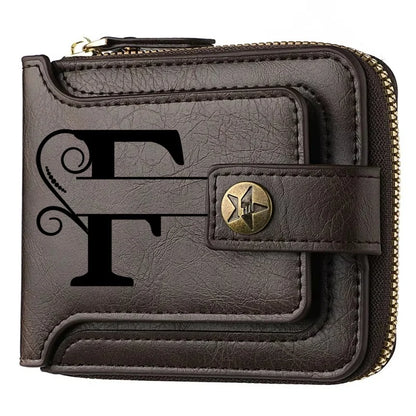 Portefeuille court en cuir PU personnalisé avec chaîne pour homme, portefeuille bifold marron élégant avec nom et texte gravés pour la Saint-Valentin et les anniversaires