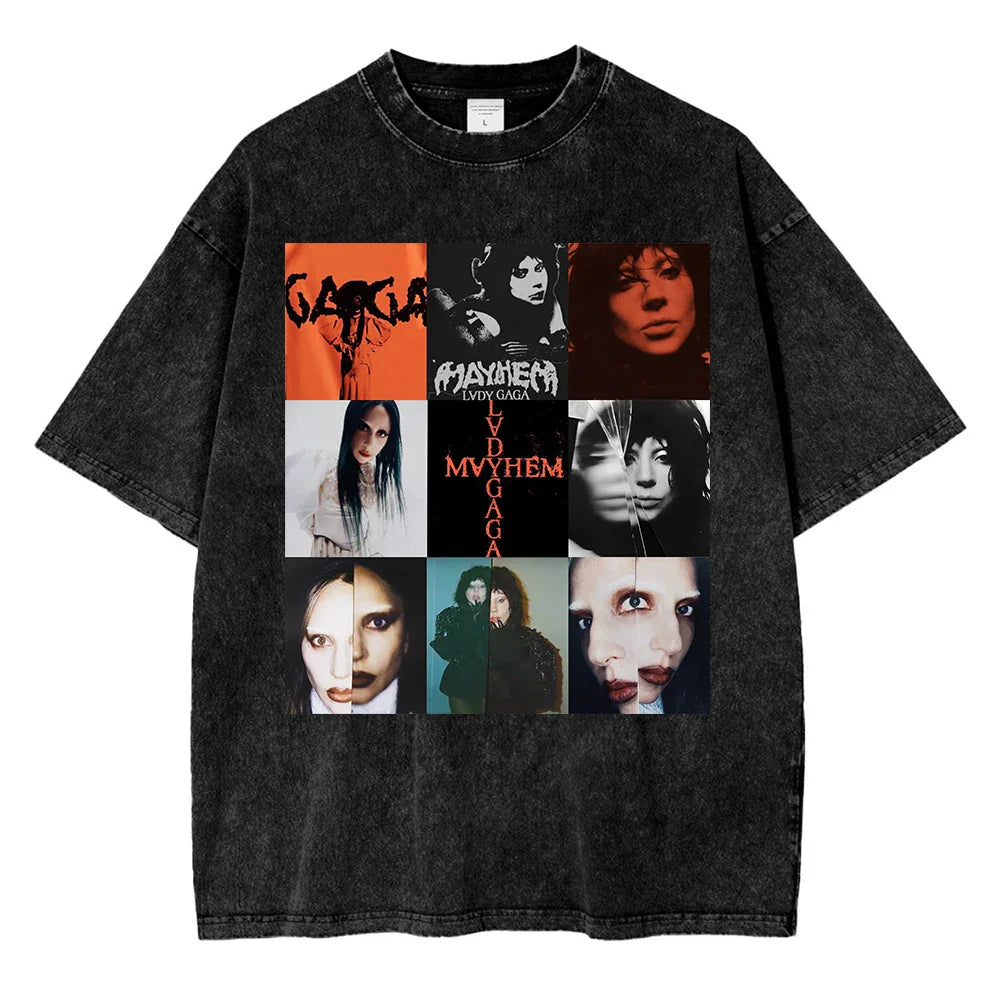 Vintage Washed Lady Gaga The Mayhem Ball Tour 2025 T Shirt Fashion Men/Women Aesthetic High Quality Acid Wash 100% Cotton Tees