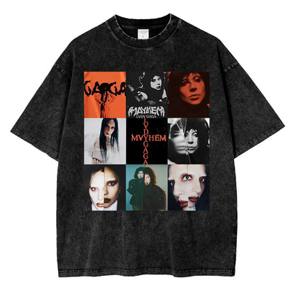 Vintage Washed Lady Gaga The Mayhem Ball Tour 2025 T Shirt Fashion Men/Women Aesthetic High Quality Acid Wash 100% Cotton Tees