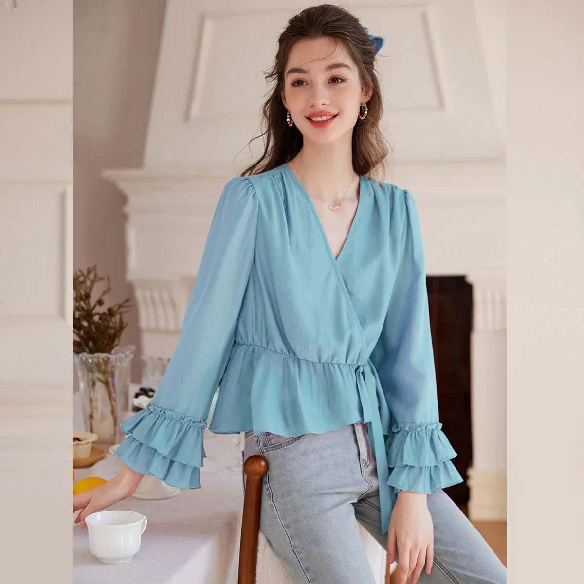 Long Sleeved Women's Shirt 2025 Spring/Summer V-neck Multi-layer Ruffled Cuffs and A Patchwork Hem Splicing Shirt
