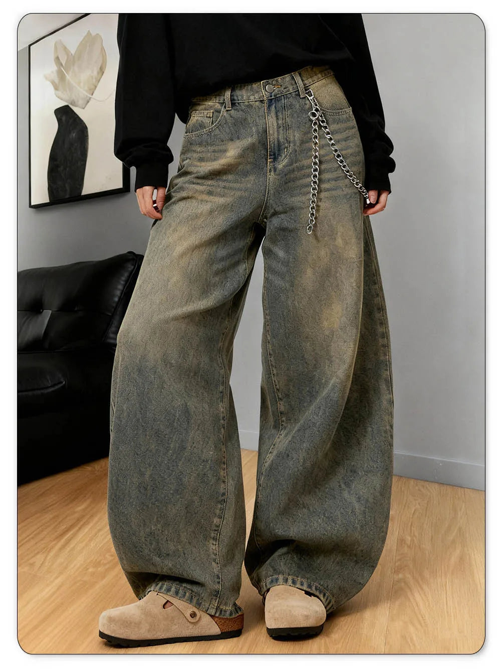American Retro Baggy Wide Leg Jeans Men's Streetwear Distressed Y2K Clothing Casual Daily Four Seasons Denim Pants Unisex