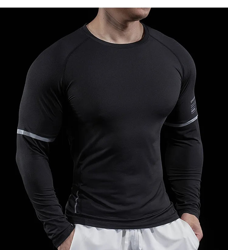 Autumn New Men's Sports Gym Fitness Clothes Reflective Strips Round Neck Training Long-sleeved T-shirt Running Slim Breathable