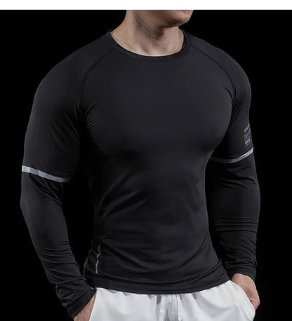 Autumn New Men's Sports Gym Fitness Clothes Reflective Strips Round Neck Training Long-sleeved T-shirt Running Slim Breathable