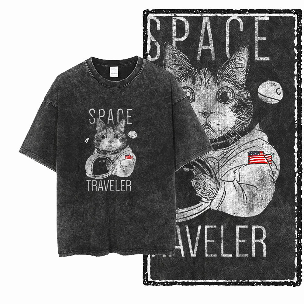 Cat Printed Cotton Acid Washed Exclusive Graphic Unisex T Shirt Cool Streetwear Men Tshirts Big Size Tee for Men