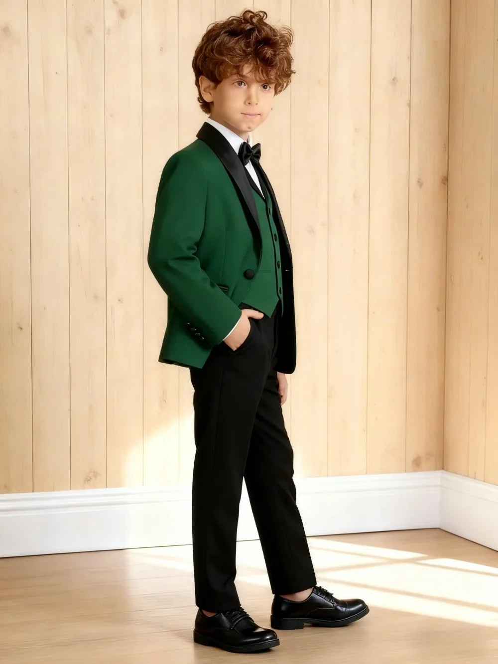 Hot Selling Stylish Emerald Green Boys Formal Suit Set 3-14 Years 4 Piece Kids Wedding Tuxedo Blazer Vest Pants Bow Tie