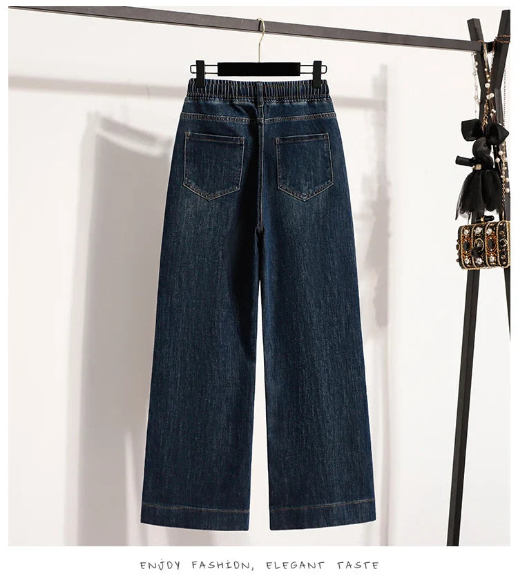 Slimming Wide Leg Jeans Women's Casual Straight Cut Spring Autumn ular plus Size Cotton Stretch Denim Pure Color