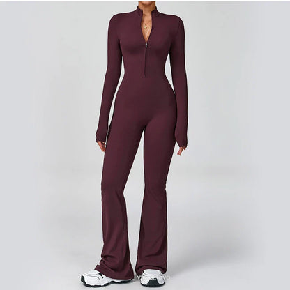 VITALINOVO Women Long Sleeve Flare Workout Jumpsuit Zip Up Romper Bottom Pants Wide Leg Full Length Bodysuit Bodycon One Piece