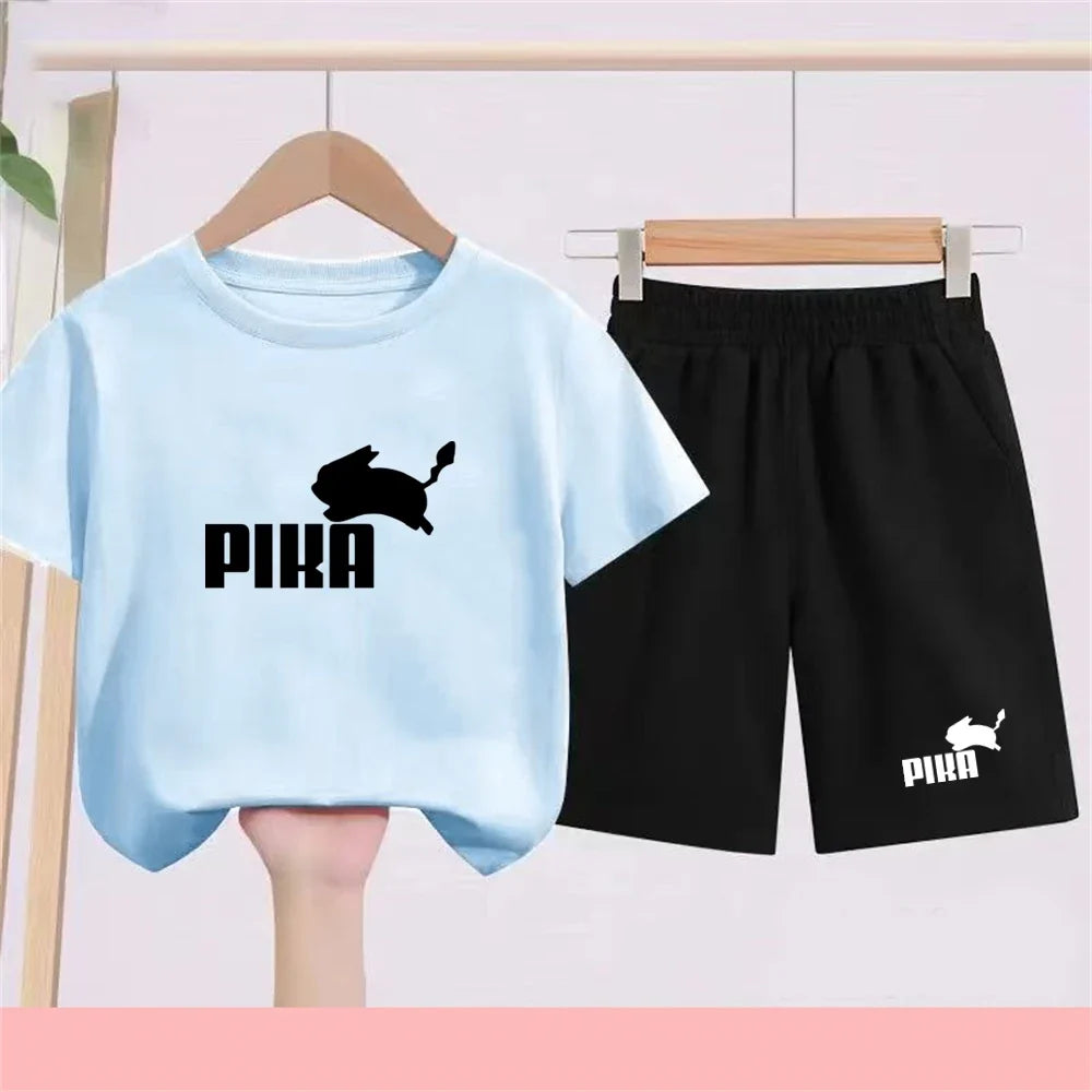 Summer Rabbit Graphics Boys Black Girls Pink Age 3-12 Tee+Shorts Suit Children Short Sleeve T-shirts Child  Casual Clothes