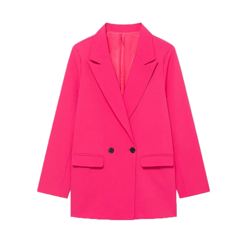 Women's Double-Breasted Solid Color Blazer Coat Long Sleeve Office Wear for Spring Autumn Winter Old Money Style