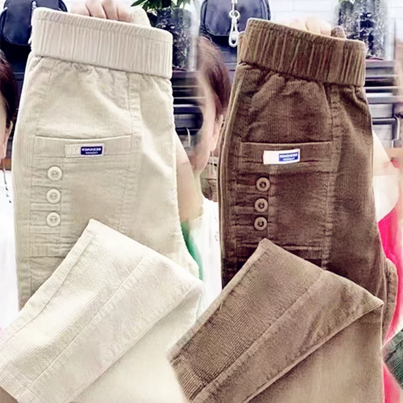 Elegant Women Streetwear Korean Fashion Casual Pant Solid Corduroy Harlan Button Pockets Pants New Autumn Winter Pants Plus Size